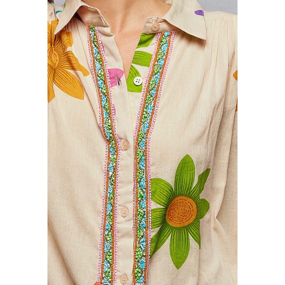 POL Floral Beaded Shirt Dress Long Sleeve‎ Midi Relaxed Fit Tan Multi SIZE M - Picture 6 of 7
